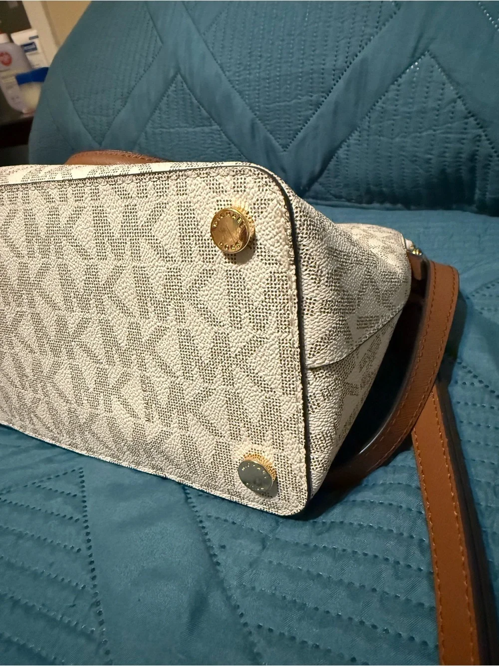 Michael Kors Cream and Brown MK Signature Dome Satchel with Removable Strap